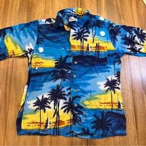 Vintage Hawaiin Aloha Shirt Sailboat Tropical Sunset Beach Resort wear Vacation